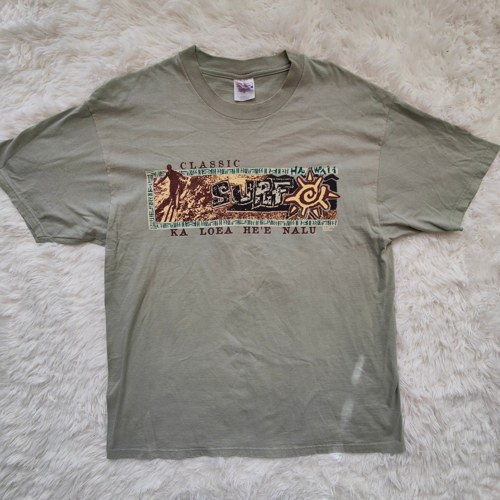 Vintage 90s Hawaiian Surf Graphic Print T Shirt Mens XL Hanes Beefy Green Skater